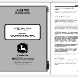 JOHN DEERE HPX 4X4 DIESEL GATOR UTILITY VEHICLE OPERATORS MANUAL OMM165099 J1