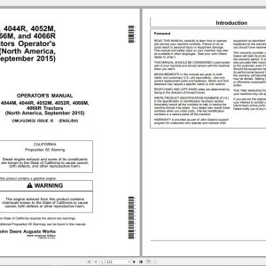 JOHN DEERE TRACTORS 4044M 4044R 4052M 4052R 4066M 4066R OPERATORS MANUAL OMLVU29832