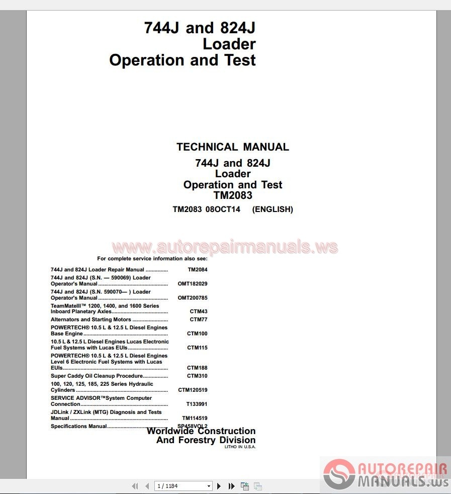JOHN DEERE 744J 824J WHEEL LOADER OPERATION AND TEST SERVICE TECHNICAL MANUAL TM2083