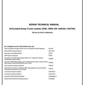 John Deere 250D 300D Truck Articulated Dump Repair Technical Manual TM1161