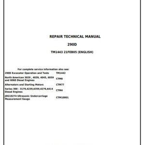John Deere 290D Excavator Repair Technical Manual TM1443