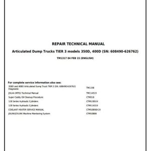 John Deere 350D 400D Truck Articulated Dump Repair Technical Manual TM1317