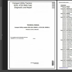 John Deere 4520 4720 Compact Utility Tractors With Cab Technical Service Manual 2015 TM105419