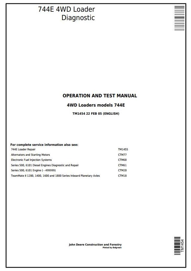 John Deere 744E 4WD Loader Diagnostic Operation Test Manual TM1454