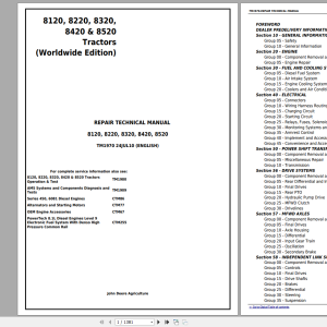 John Deere 8120 8220 8320 8420 8520 (Worldwide Edition) Repair Technical Manual TM1970