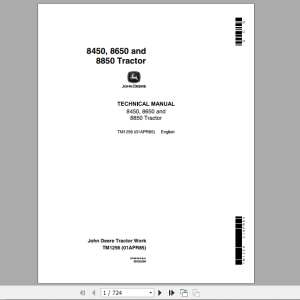 John Deere Articulated Tractors 8450 8650 8850 4WD Technical Manual TM1256
