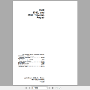 John Deere Articulated Tractors 8560 8760 8960 4WD Repair Manual TM1433