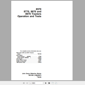 John Deere Articulated Tractors 8570, 8770, 8870, 8970 4WD Diagnosis & Tests Service Manual TM1550