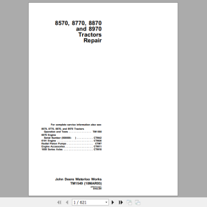 John Deere Articulated Tractors 8570 8770 8870 8970 4WD Service Repair Technical Manual TM1549