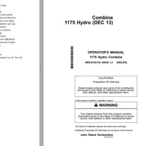 John Deere Combine 1175 Hydro Operator's Manual