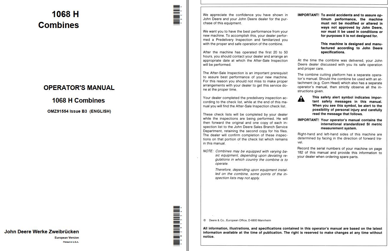John Deere Combines 1068H Operator's Manual
