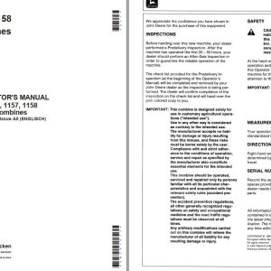 John Deere Combines 1155 1157 1158 Operator's Manual