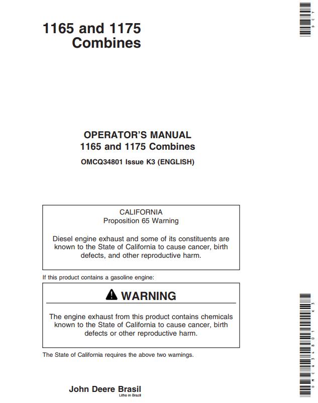 John Deere Combines 1165 1175 Operator's Manual
