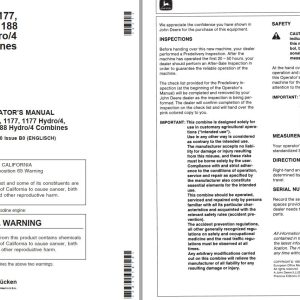 John Deere Combines 1166 1174 1177 1177 Hydro/4 1188 Operator's Manual
