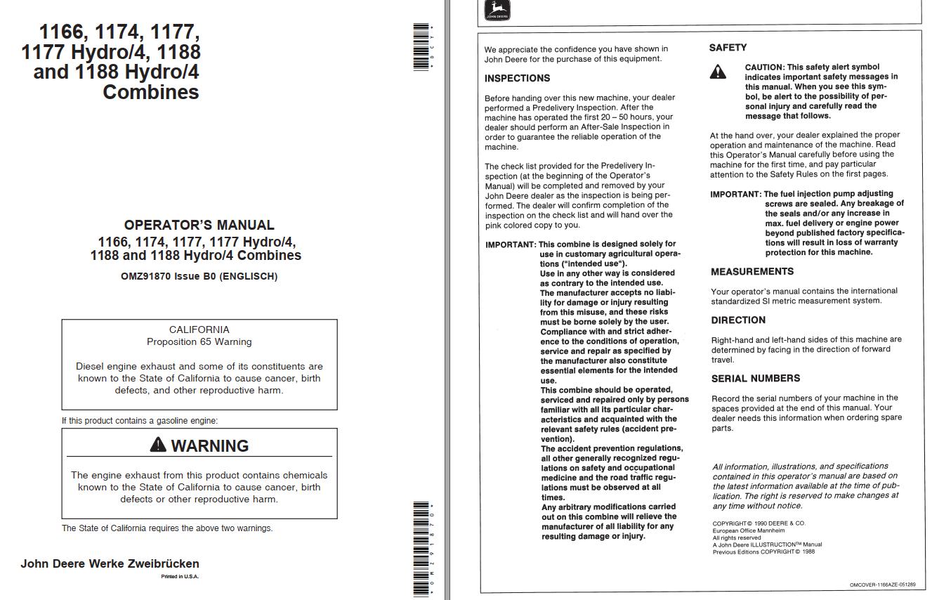 John Deere Combines 1166 1174 1177 1177 Hydro/4 1188 Operator's Manual