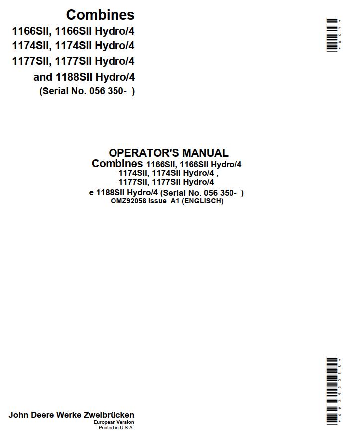 John Deere Combines 1166SII to 1188SII Hydro/4 Operator's Manual