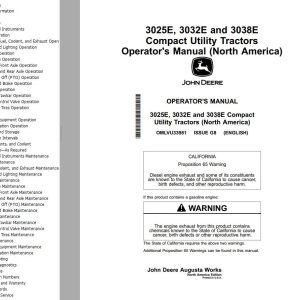 John Deere Compact Utility Tractors 3025E 3032E 3038E Operator's Manual