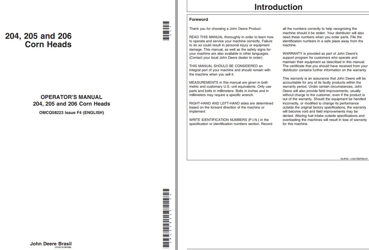 John Deere Corn Heads 204 205 206 Operator's Manual