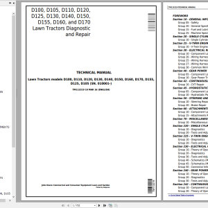 John Deere D100 D105 D110 D120 D125 D130 D140 D150 D155 D160 D170 Lawn Tractors Technical Manual TM113219