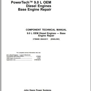 John Deere Diesel Engines PowerTech 9.0L OEM Base Engine Repair Component Technical Manual