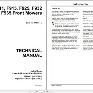 John Deere Front Mowers F911 F915 F925 F932F F935 Technical Manual TM1487