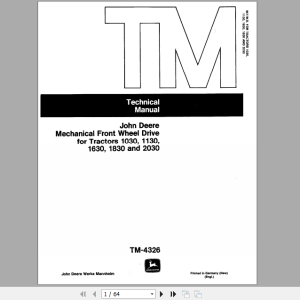 John Deere Front Wheel Drive for Tractor 1030 1130 1630 1830 2030 Technical Manual TM4326