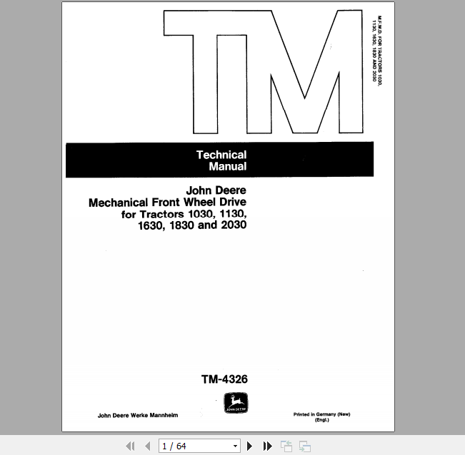 John Deere Front Wheel Drive for Tractor 1030 1130 1630 1830 2030 Technical Manual TM4326