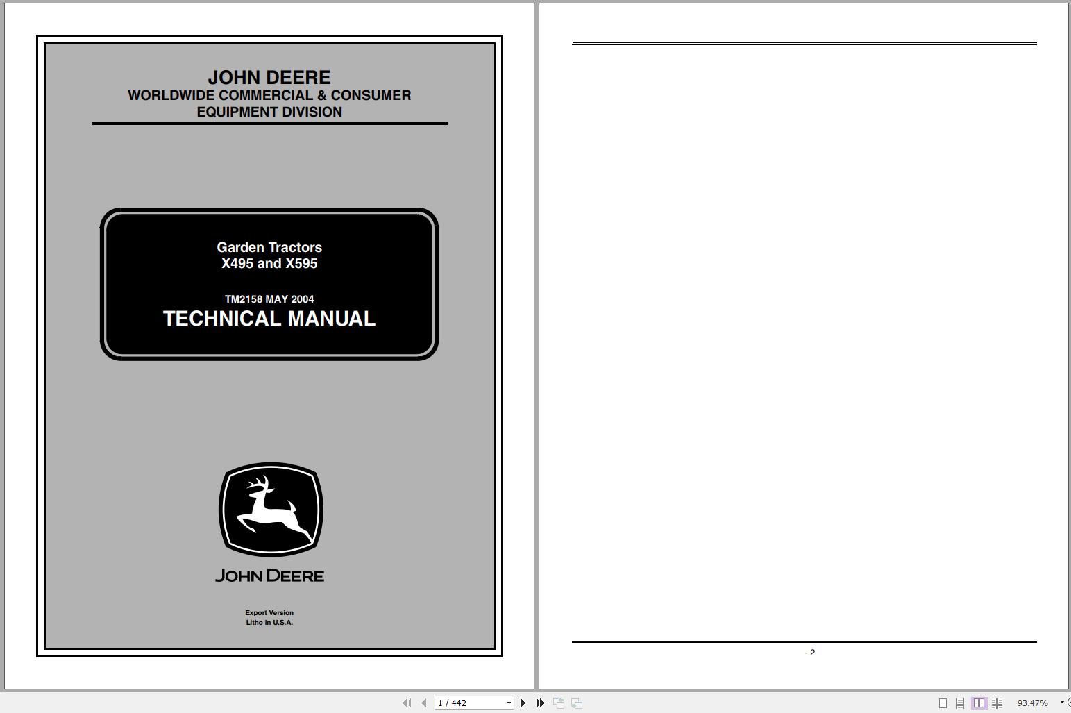 John Deere Garden Tractors X495 X595 Technical Manual TM2158 05.2004