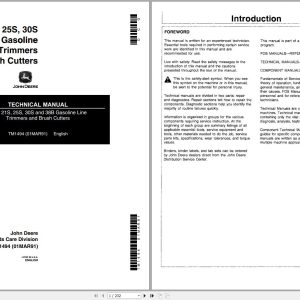 John Deere Gasoline Line Trimmers Brush Cutters 21C 21S 25S 30S 38B Technical Manual TM1494