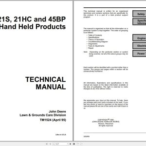 John Deere Hand Held Products 21C 21S 21HC 45BP Technical Manual TM1524
