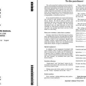 John Deere Hi Low Combine 105 Operators Manual