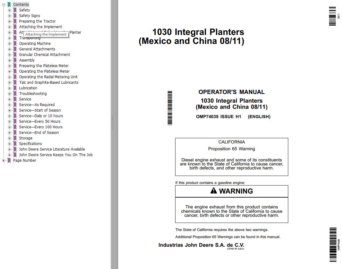 John Deere Integral Planters 1030 Operator's Manual