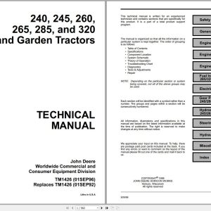 John Deere Lawn & Garden Tractors 240 245 260 265 285 320 Technical Manual TM1426