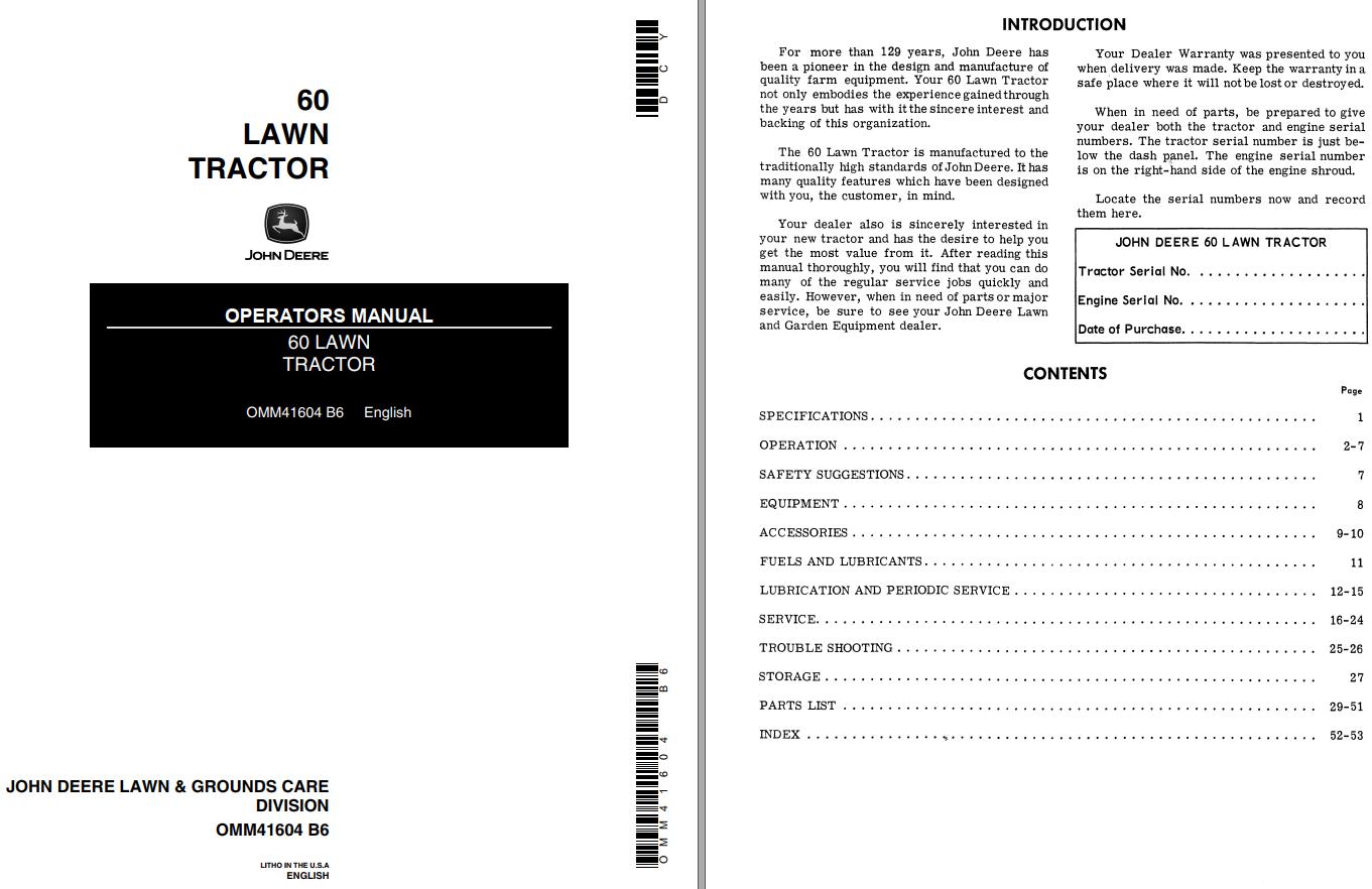 John Deere Lawn Tractor 60 Operators Manual