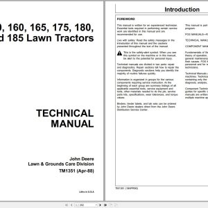 John Deere Lawn Tractors 130 160 165 175 180 185 Technical Manual TM1351