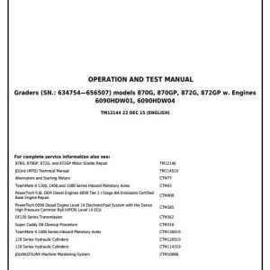 John Deere Motor Grader 870G 870GP 872G 872GP Diagnostic Service Manual TM12144