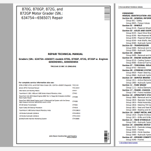 John Deere 870G 870GP 872G 872GP Motor Grader Repair Technical Manual TM12146
