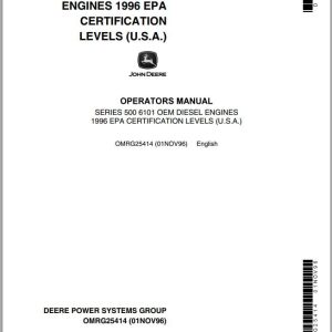 John Deere OEM Diesel Engine Series 500 6101 1996 EPA Certification Levels Operator's Manual OMRG25414