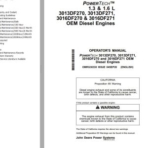 John Deere OEM Diesel Engines 3013DF270 to 3016DF271 Operator's Manual