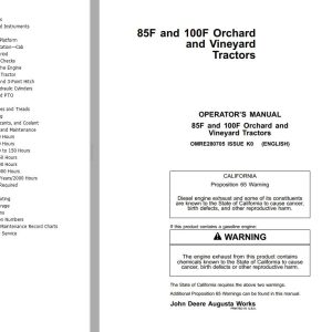 John Deere Orchard and Vineyard Tractors 85F 100F Operator's Manual