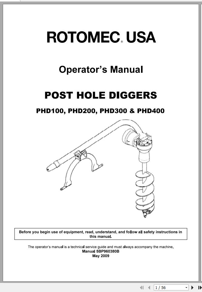 John Deere Post Hole Diggers PHD100 PHD200 PHD300 PHD400 Operator's Manual 5BP960380B 2009