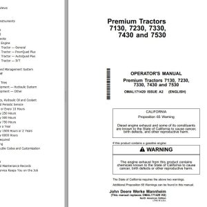 John Deere Premium Tractors 7130 7230 7330 7430 7530 Operator's Manual