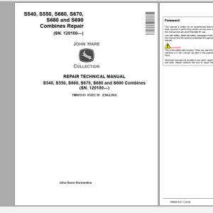 John Deere S540 S550 S660 S670 S680 S690 Combines Repair Technical Manual TM805519