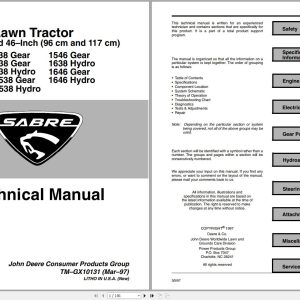 John Deere Sabre Lawn Tractor 1338 - 1646 Hydro Technical Manual TM-GX10131