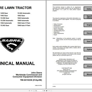 John Deere Sabre Lawn Tractor 1438 Gear - 1646 Auto V-Twin Technical Manual TM-GX10238