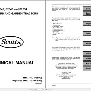 John Deere Scoot Yard & Garden Tractors S2048 2348 S2554 Technical Manual TM1777