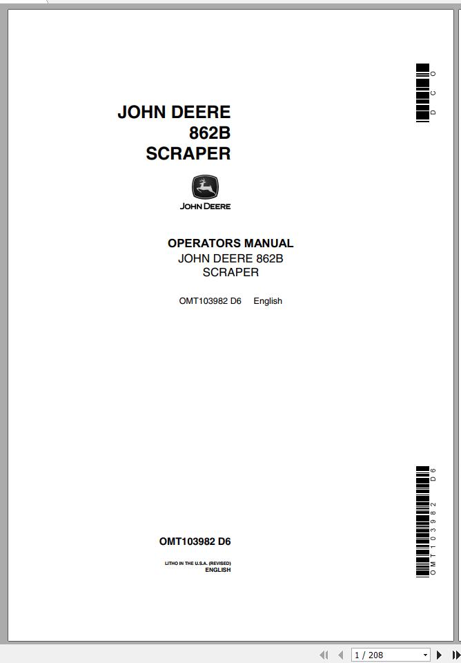 John Deere Scraper 862B Operator's Manual OMT103982 D6
