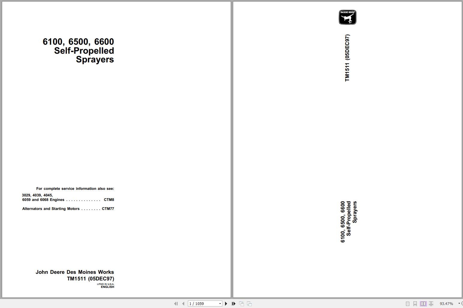 John Deere Self-Propelled Sprayers 6100 6500 6600 Technical Manual TM1511