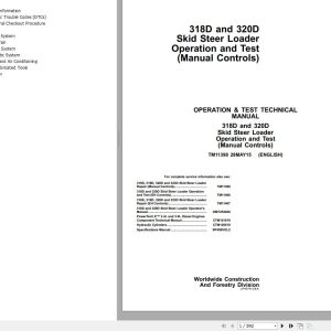 John Deere Skid Steer Loader 318D 320D Operation and Test Technical Manual TM11398