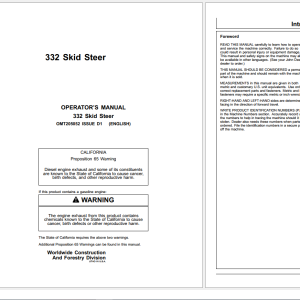 John Deere Skid Steer Loader 332 Operators Manual OMT205052